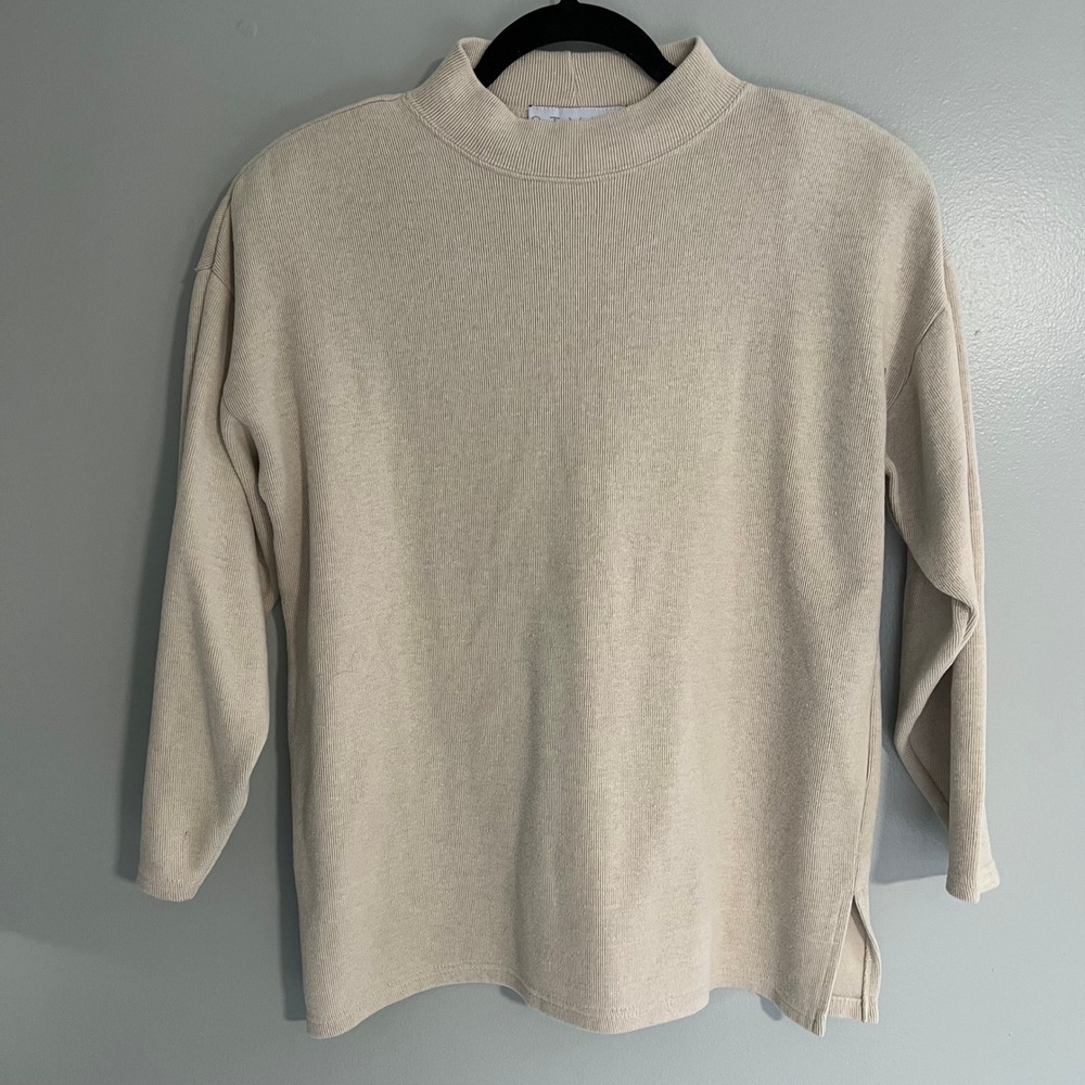 Style New York XS Mock Neck Ribbed Knit Top Oatmeal Beige Long Sleeve